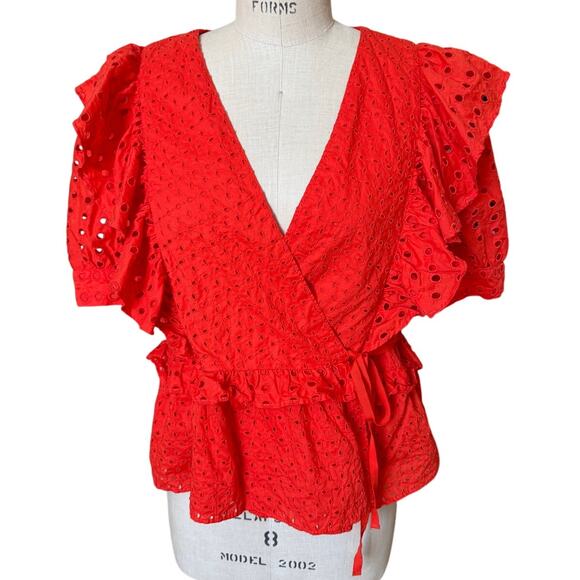J. Crew Ruffled Eyelet Lace Wrap Shirt in Bright Red Size XL X-Large - Picture 1 of 7